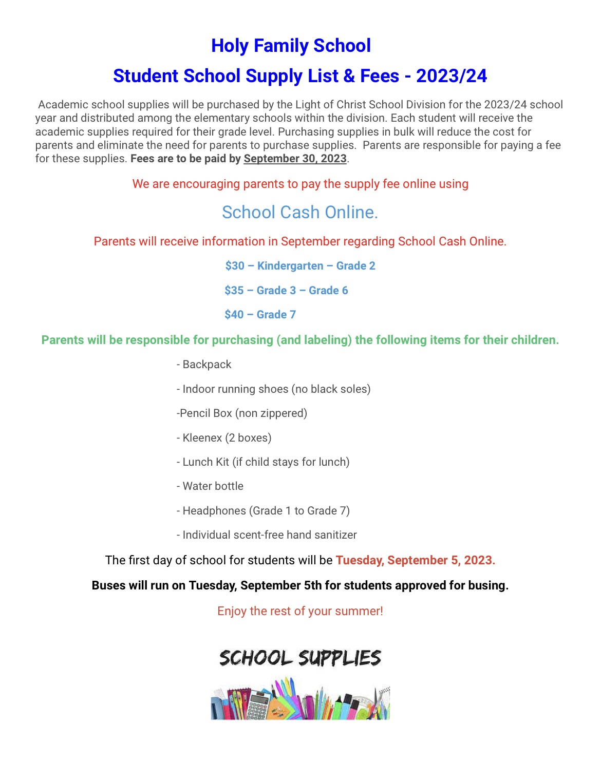 2023-2024 School Supply List and Fees