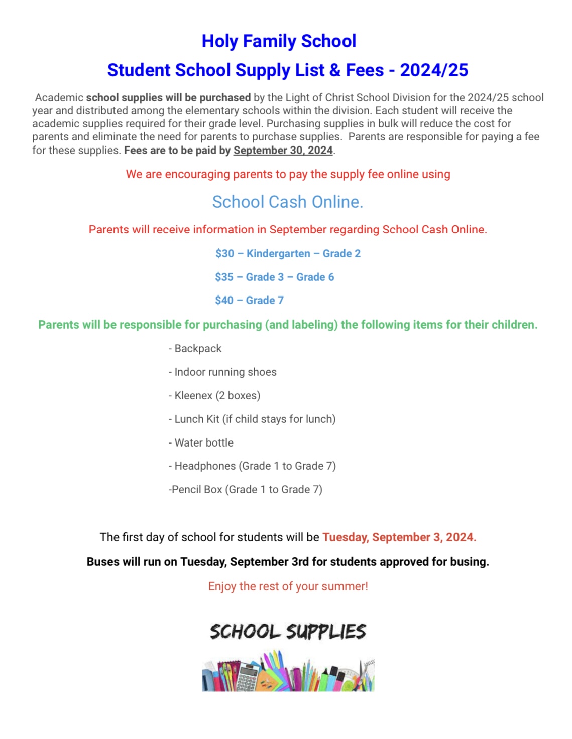 2024-2025 Supply List and Student Fees