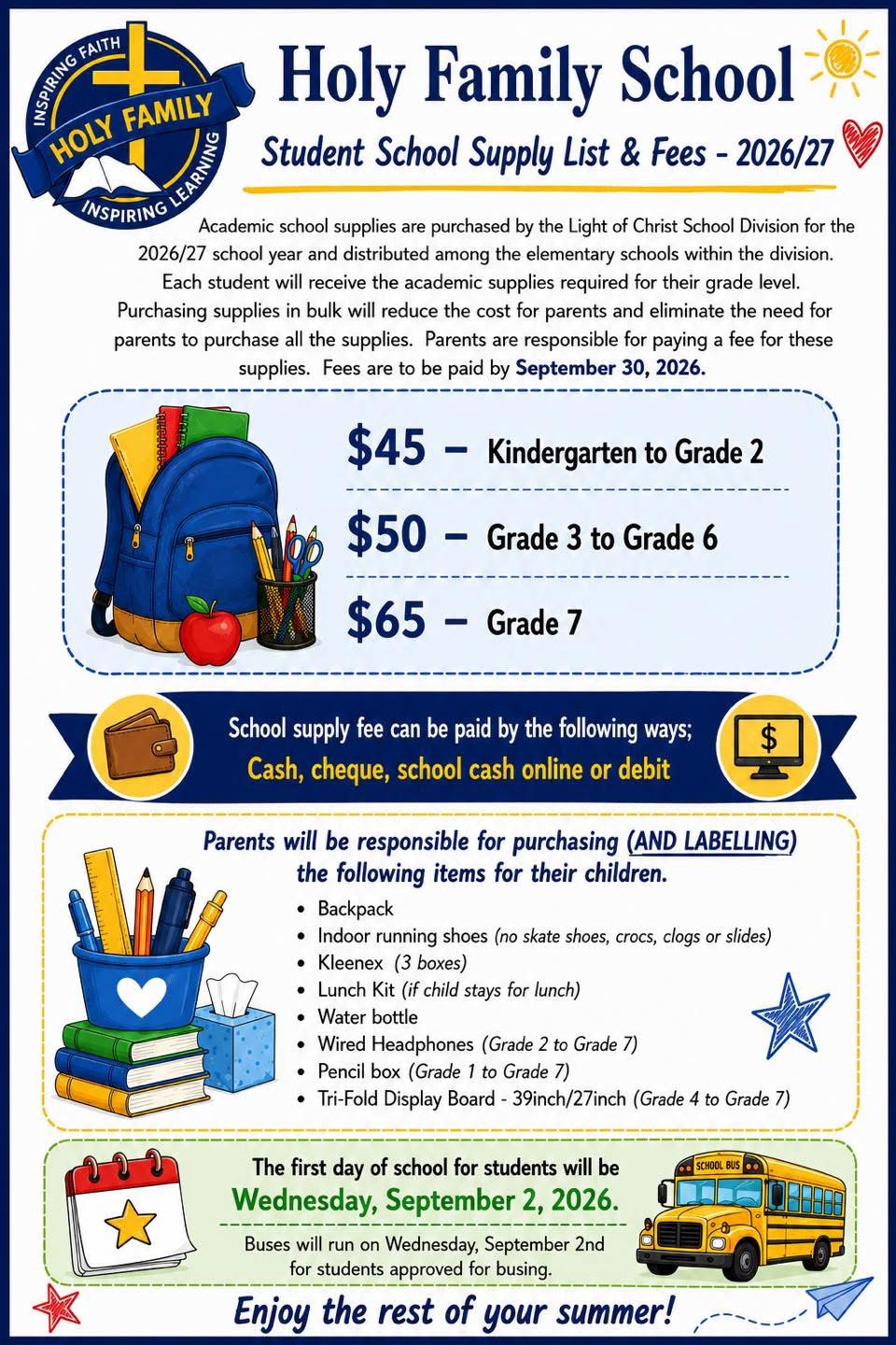 2026-2027 School Fees & Supply List